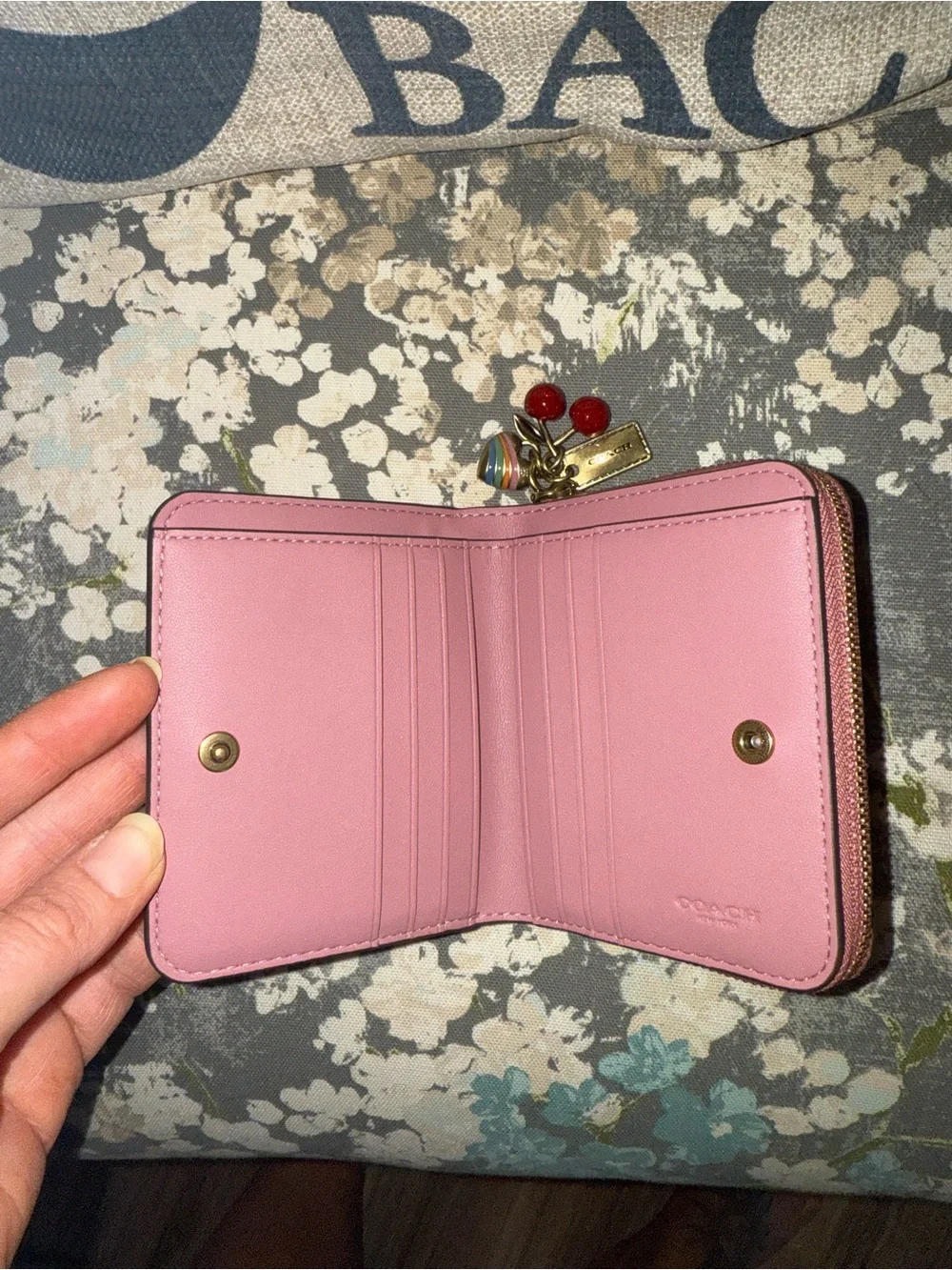 Coach Pink Zip Card Wallet with Cherry and Heart Charms
